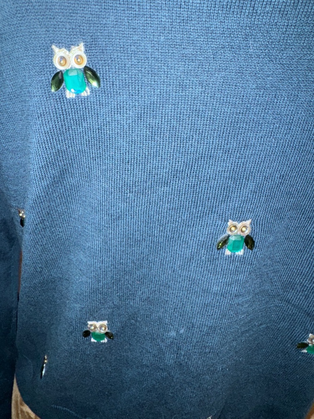 Talbots Blue Crewneck Sweater with rhinestone jewel owls, lightweight sz XL - Picture 3 of 12